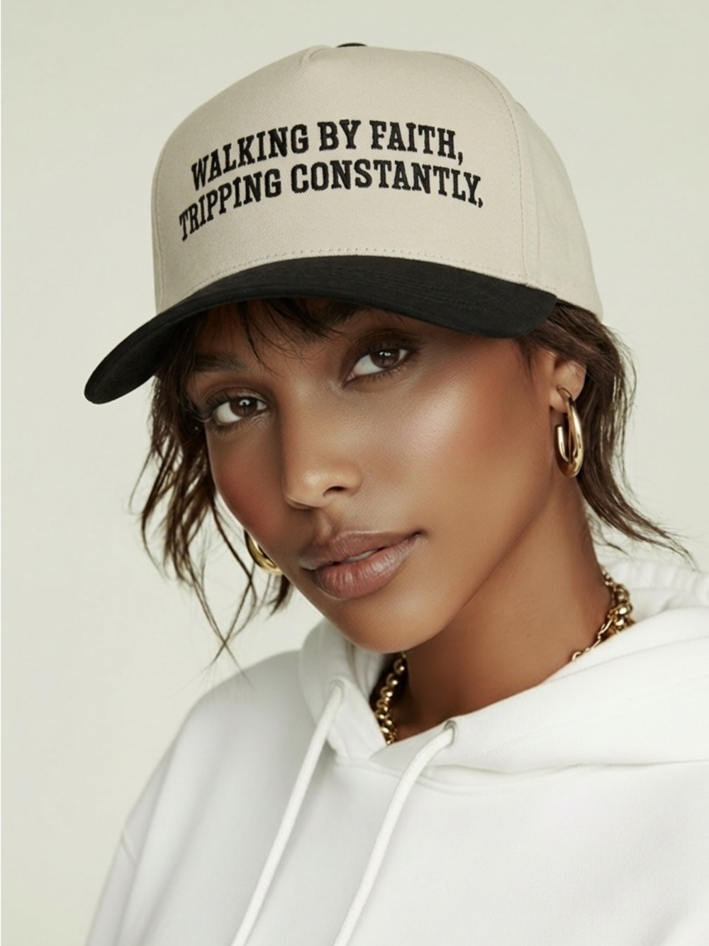 NWT Women’s Trucker Hat Cream & Black Embroidered WALKING BY FAITH Baseball Cap